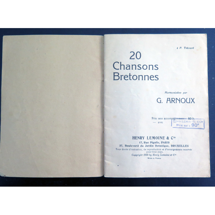 20 chansons bretonnes harmonisées par G. Arnoux 1933