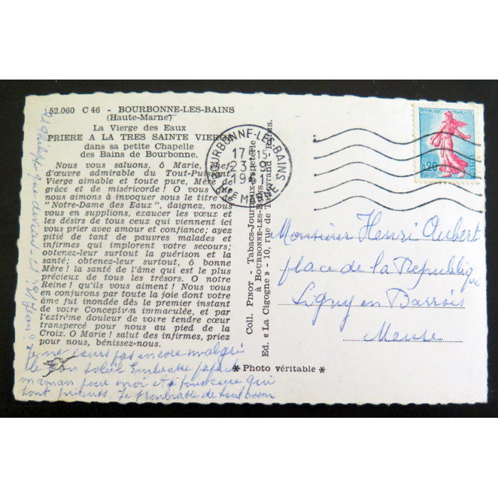 IMAGE PIEUSE : carte postale 1961 La Vierge des Eaux de Bourbon les Bains Prière à la très Sainte Vierge