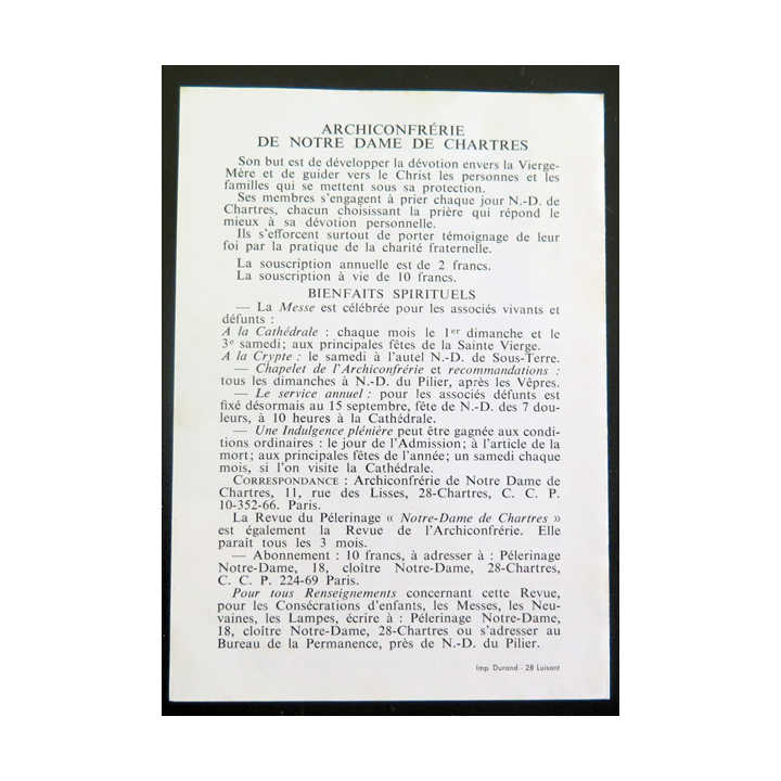 IMAGE PIEUSE : carte souvenir 1973  Prière à Notre Dame de Chartres
