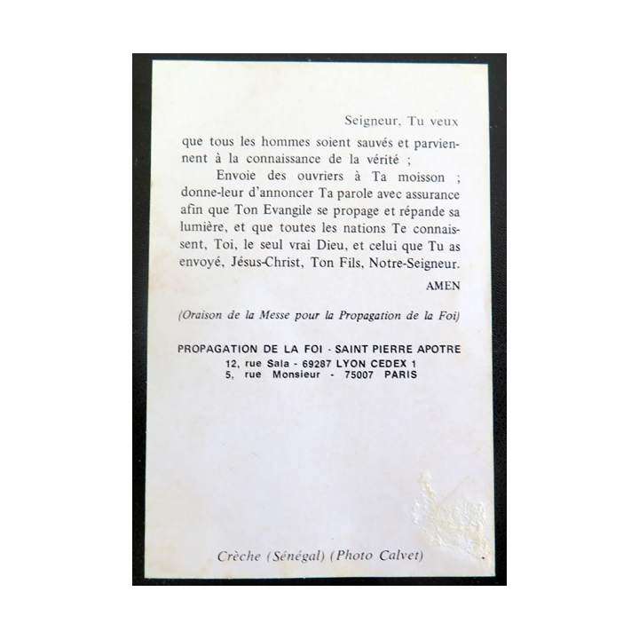 IMAGE PIEUSE : carte Prière d'oraison pour la propagation de la Foi