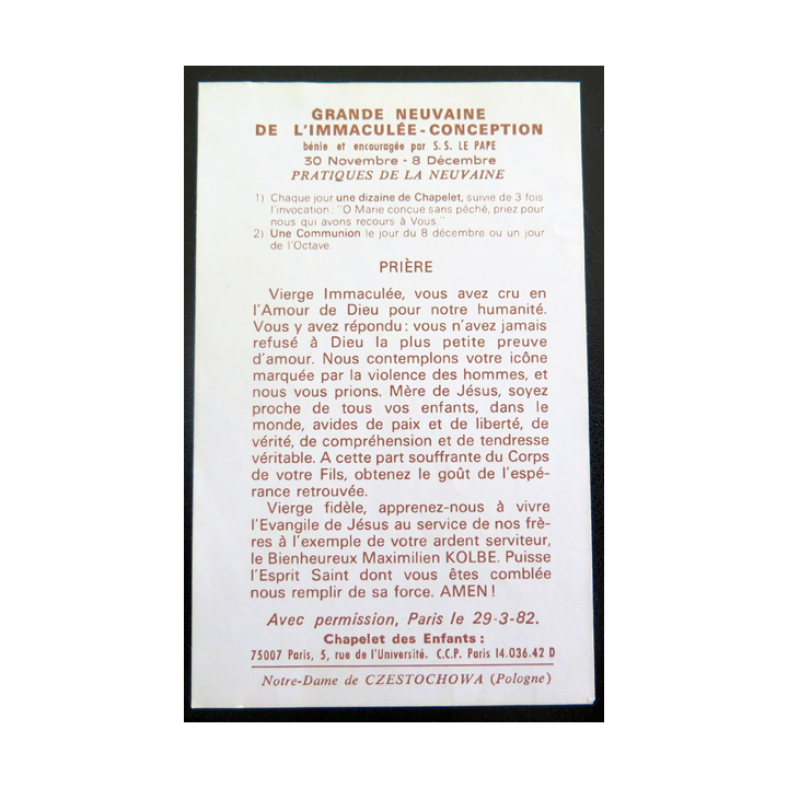 IMAGE PIEUSE : carte Grande neuvaine de l'Immaculée conception Prière 1982