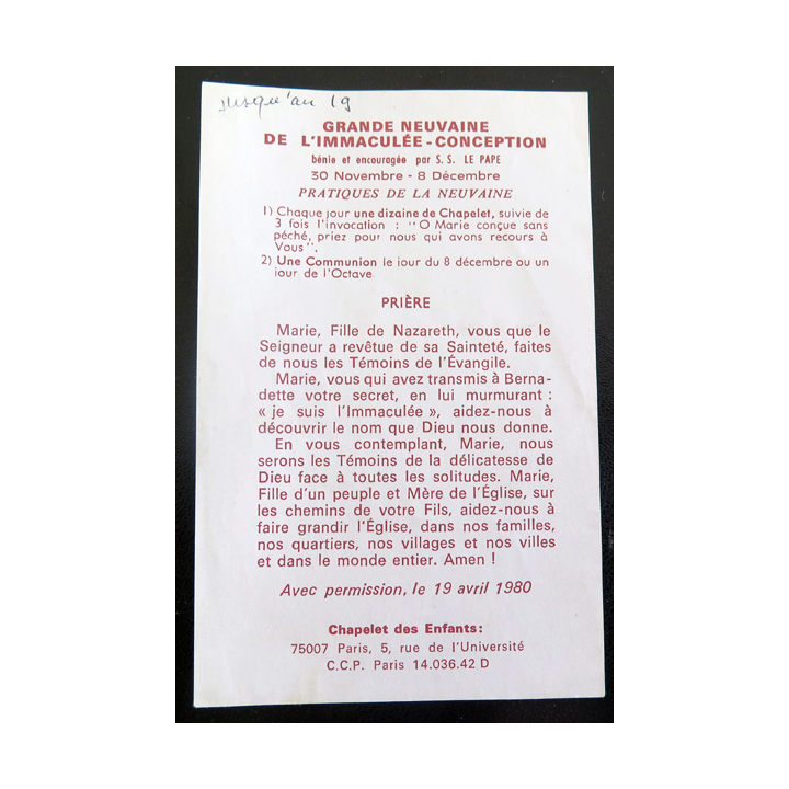 IMAGE PIEUSE : carte Grande neuvaine de l'Immaculée conception Prière 1980