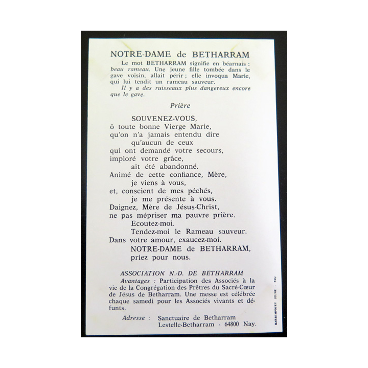 IMAGE PIEUSE : carte Prière Notre Dame de Betharram