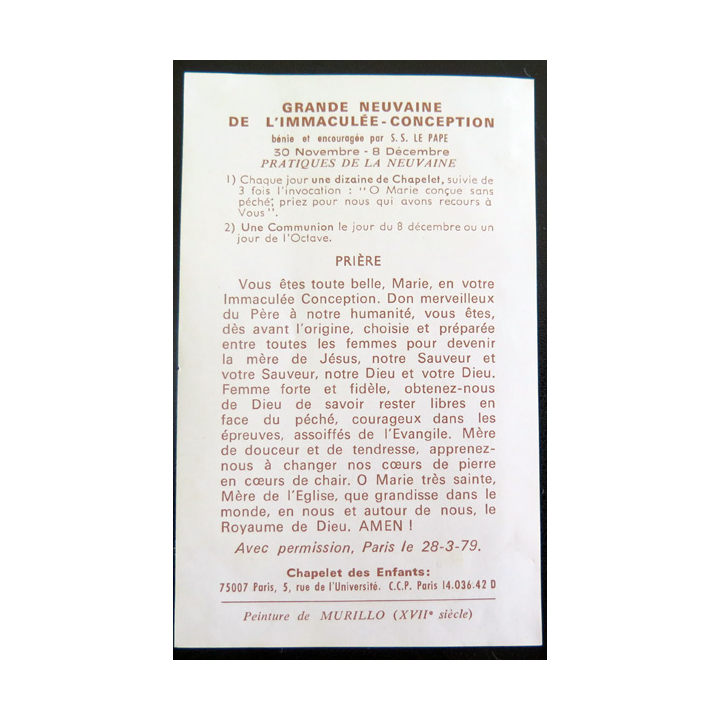 IMAGE PIEUSE : carte Grande neuvaine de l'Immaculée conception Prière 1979