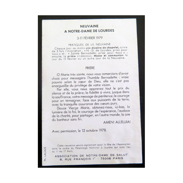 IMAGE PIEUSE : carte Neuvaine à Notre Dame de Lourdes Prière 1979