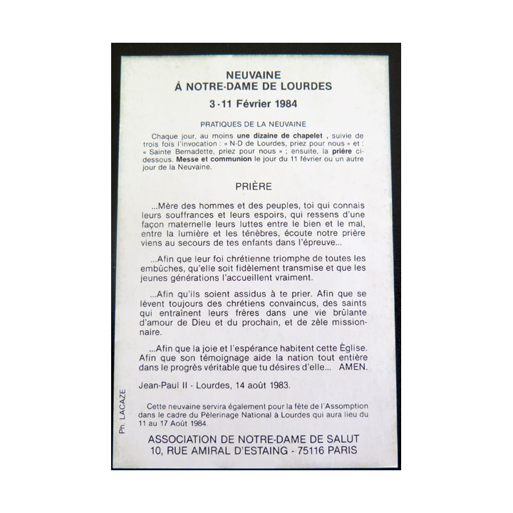IMAGE PIEUSE : carte Neuvaine à Notre Dame de Lourdes Prière 1984