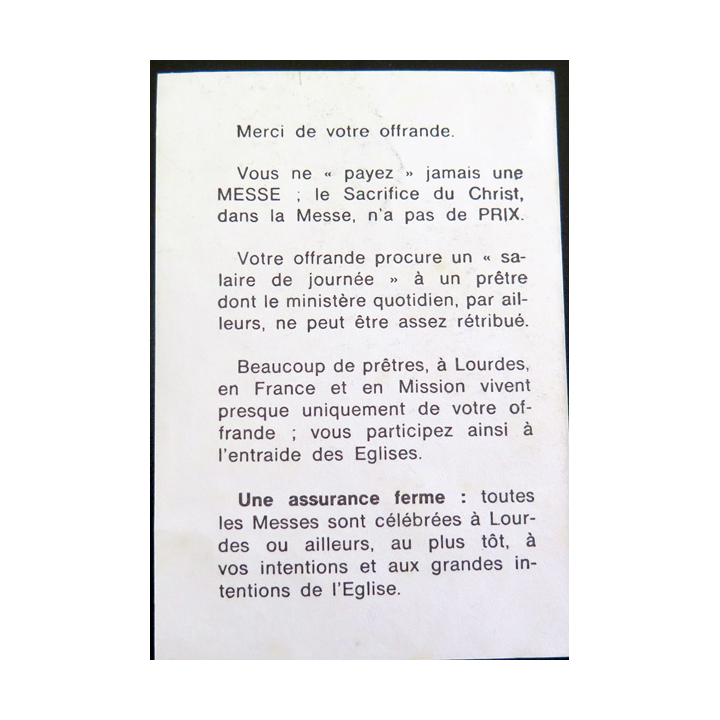 IMAGE PIEUSE : carte offrande de messe à Notre Dame de Lourdes