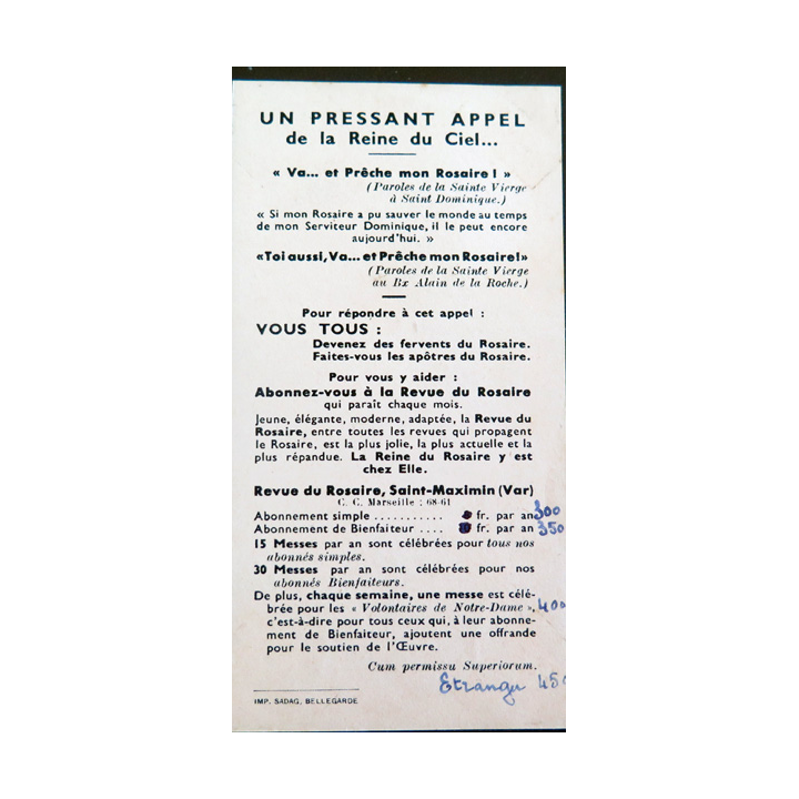 IMAGE PIEUSE : carte Un pressant appel de la Reine du Ciel