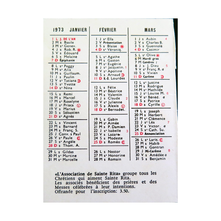 IMAGE PIEUSE : carte calendrier 1973 association de Sainte Rita