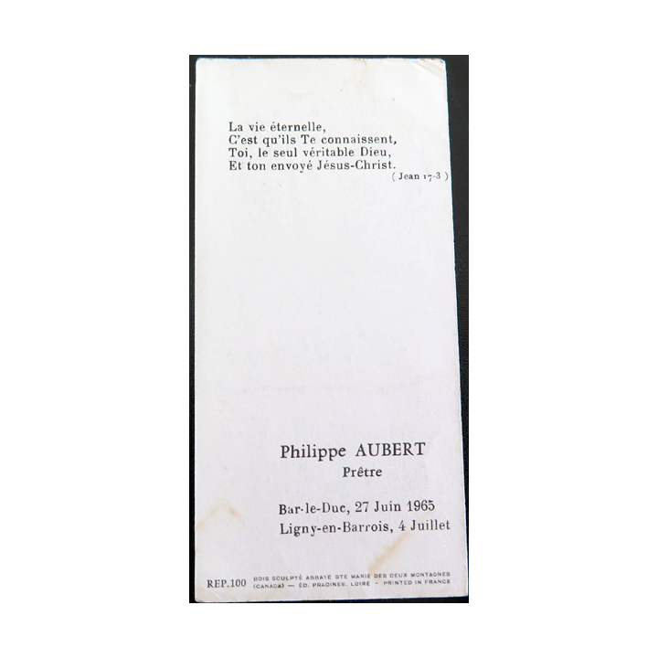 IMAGE PIEUSE : carte d'Ordination du prêtre Philippe Aubert 1965
