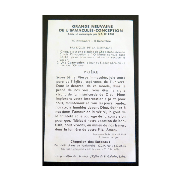IMAGE PIEUSE : carte Grande neuvaine de l'Immaculée conception Prière 1969