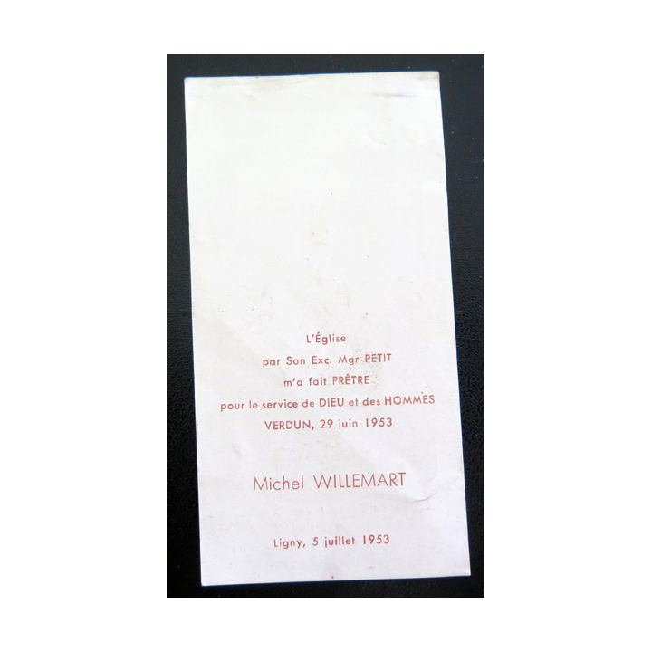 IMAGE PIEUSE : carte d'ordination de prêtre de Michel Willemart 1953 par Mgr Petit  5,5 x 10,8 cm