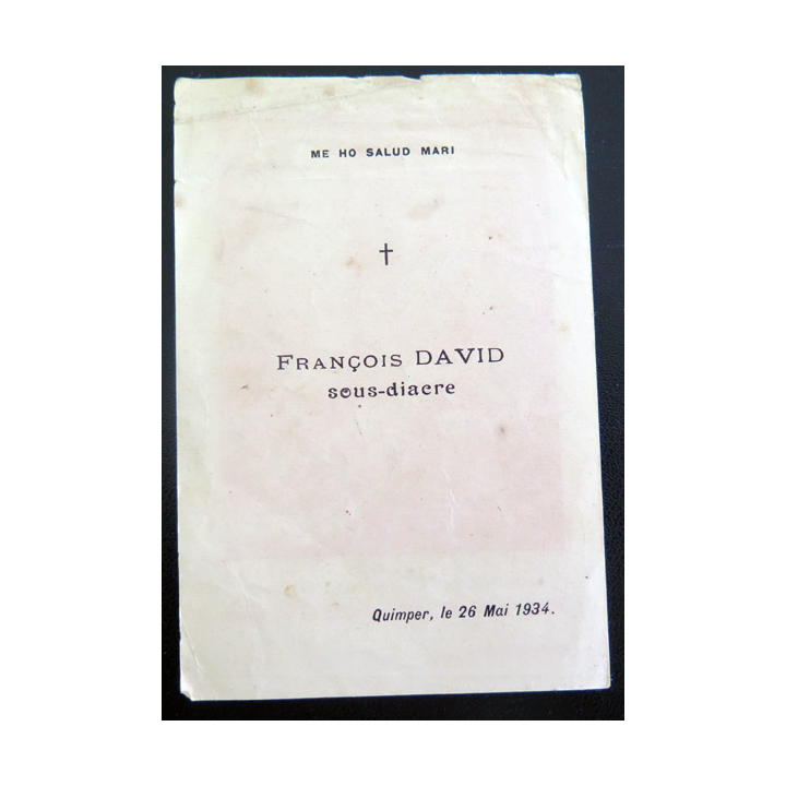 IMAGE PIEUSE : carte d'ordination de François David sous-diacre 1934 7,3 x 11 cm
