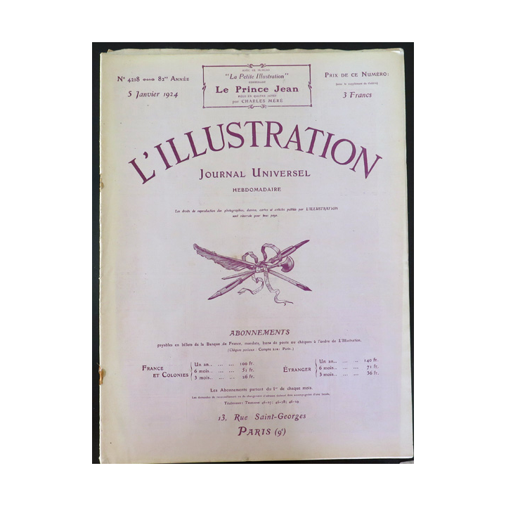 L'illustration n° 4218 82° Année 5 janvier 1924 La Perte de Dixmude et plein d'autres articles