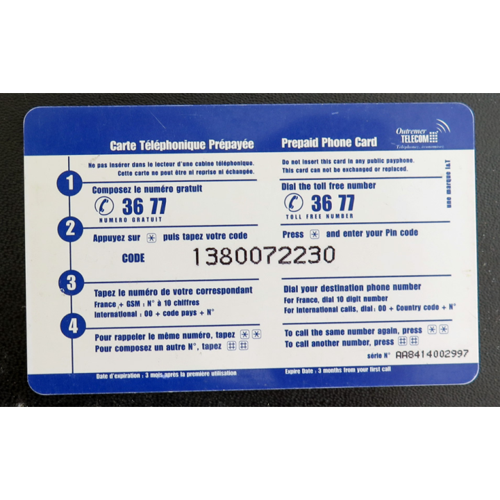 Carte téléphonique Télécarte Outre-Mer Telecom 80 FF