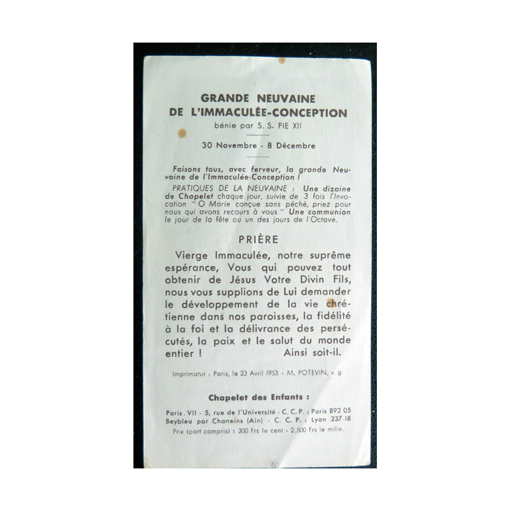 IMAGE PIEUSE : Grande neuvaine de l'Immaculée Conception bénie par Pie XII 6,8 x 12 cm
