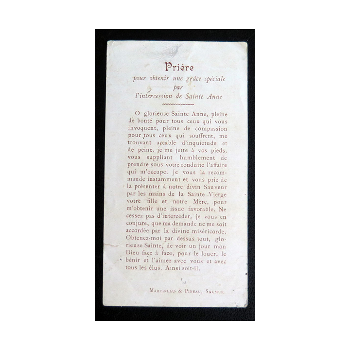 IMAGE PIEUSE : Prière pour sainte Anne de Martineau et Pineau Saumur 6 x 11  cm