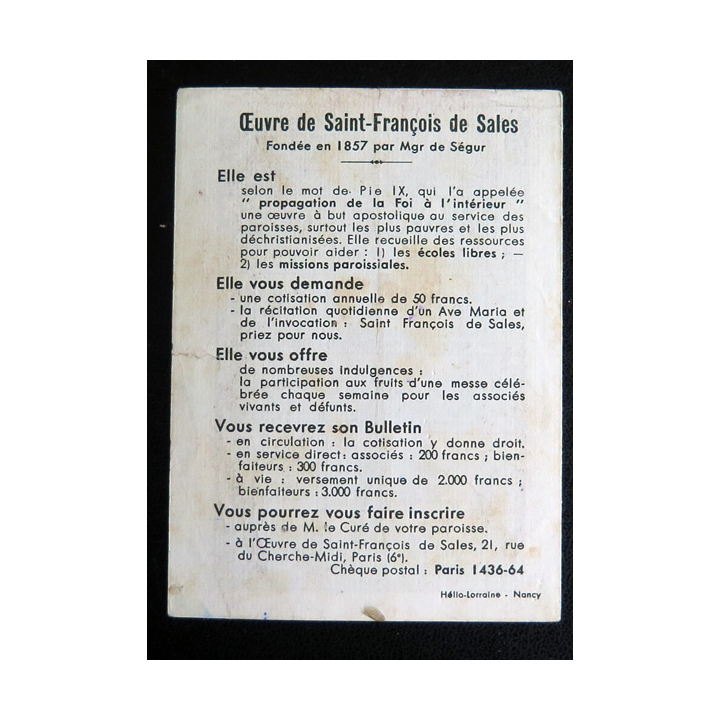 IMAGE PIEUSE : Calendrier 1956 Oeuvre de saint François de Sales  7 x 9,7 cm