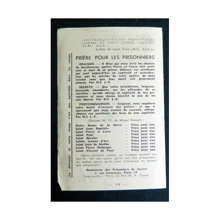 IMAGE PIEUSE : Prière pour les Prisonniers 8 x 12 cm