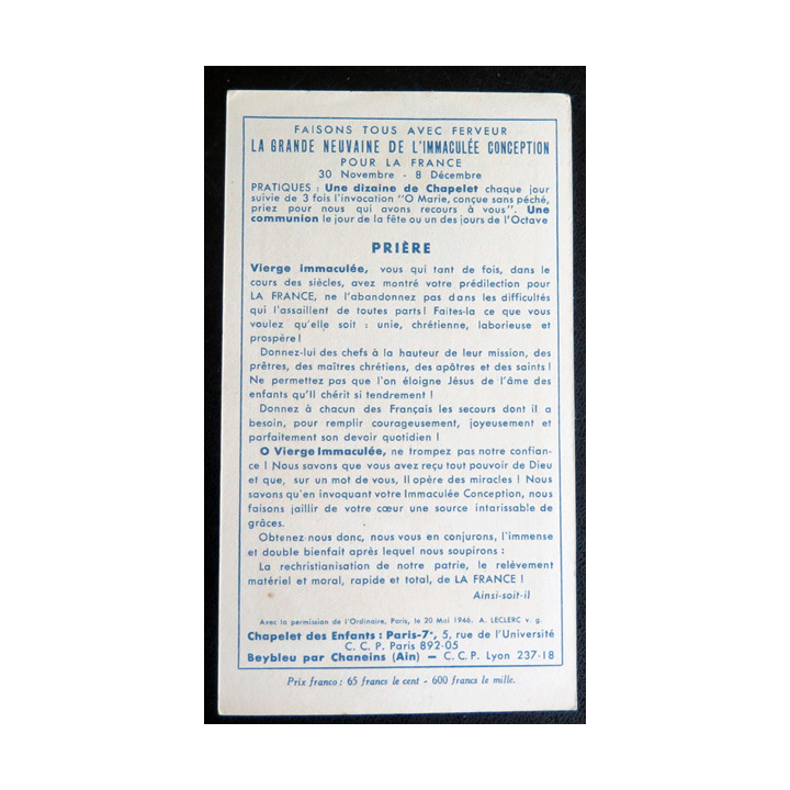 IMAGE PIEUSE : Grande neuvaine de l'Immaculée Conception 7,5 x 13 cm