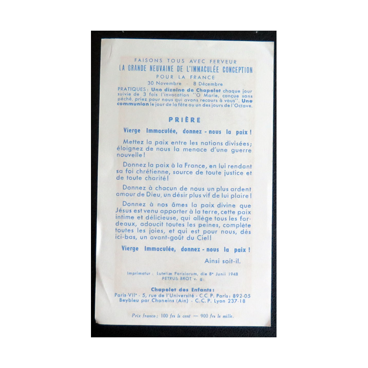 IMAGE PIEUSE : Grande neuvaine de l'Immaculée Conception 7,5 x 13 cm
