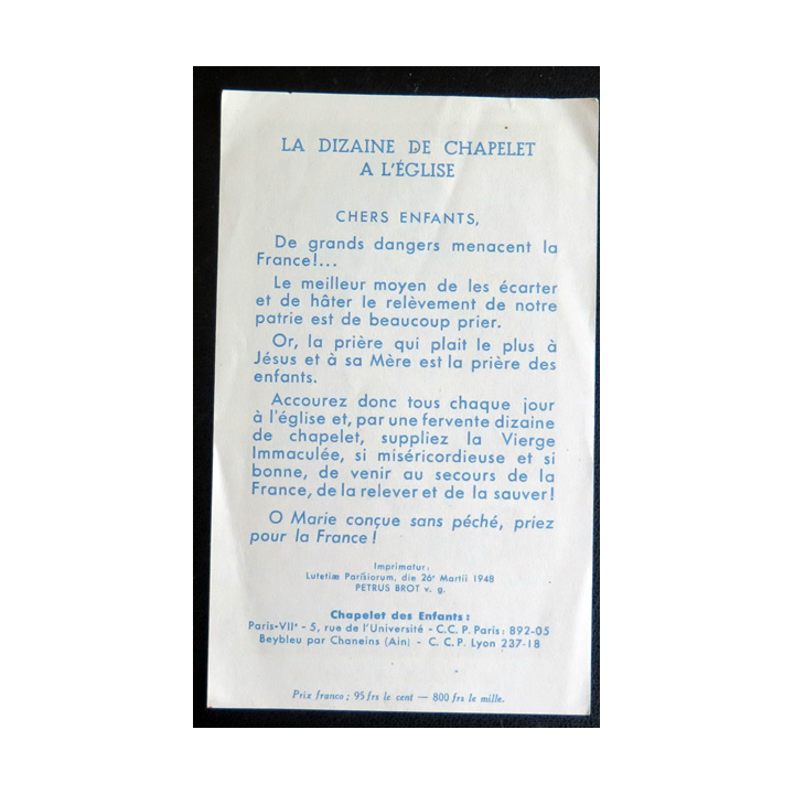 IMAGE PIEUSE : La dizaine de chapelet à l'Eglise 8 x 13 cm