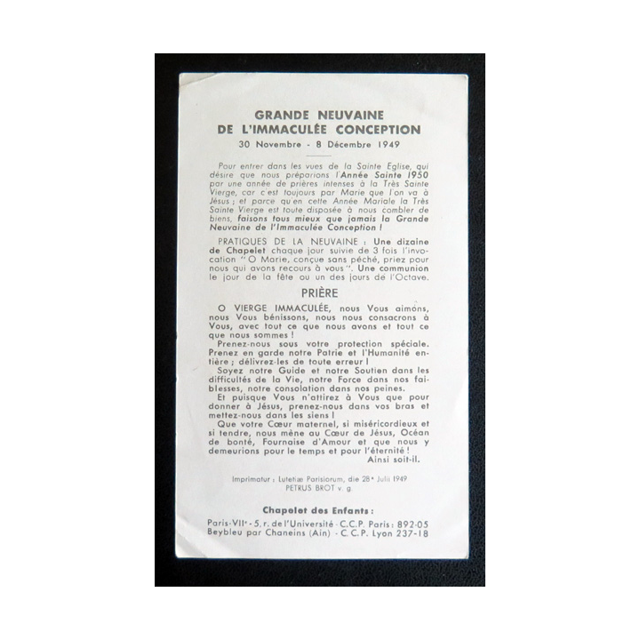 IMAGE PIEUSE : Grande neuvaine de l'Immaculée Conception 7,5 x 12,5 cm