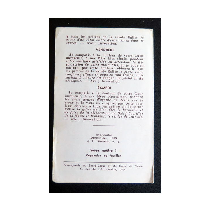 IMAGE PIEUSE :Prière au Coeur douloureux et Immaculé de Marie 8 x 12,5 cm