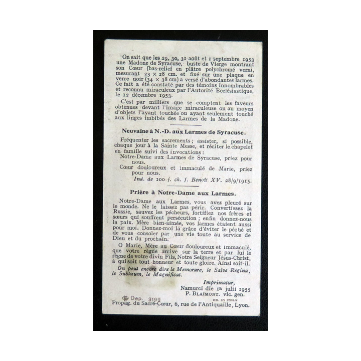 IMAGE PIEUSE : La Madonnina Delle Lacrime avec relique  7,5 x 11 cm