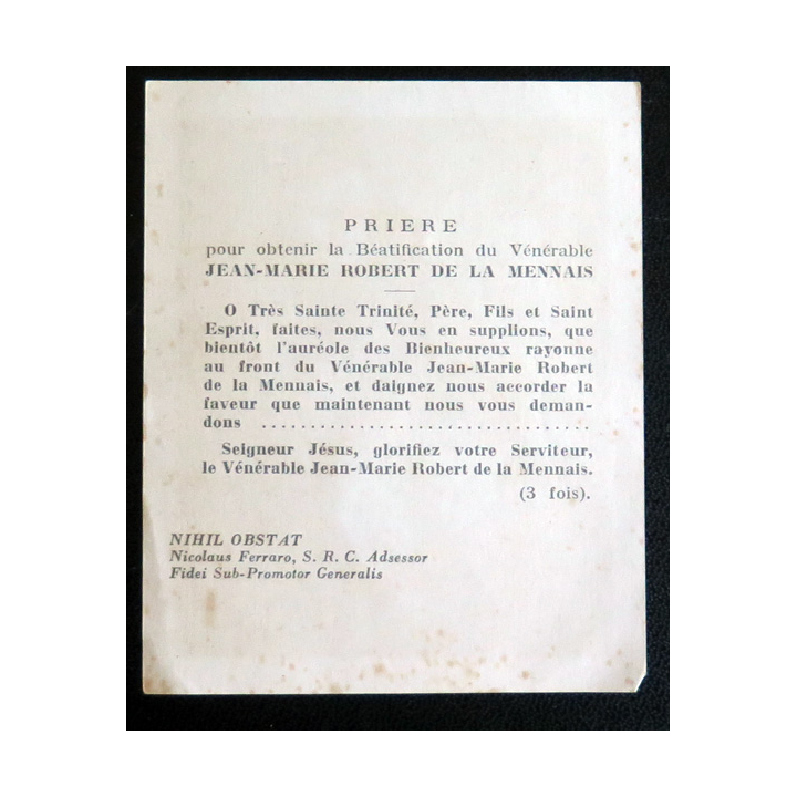 IMAGE PIEUSE : Prière pour obtenir la Béatification du vénérable Jean-Marie Robert de la Mennais 7 x 8,5 cm