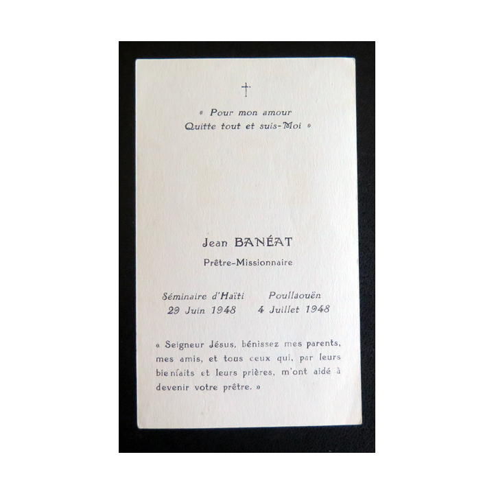 IMAGE PIEUSE : Ordination de Jean Bénéat prêtre missionnaire 6,5 x 11 cm