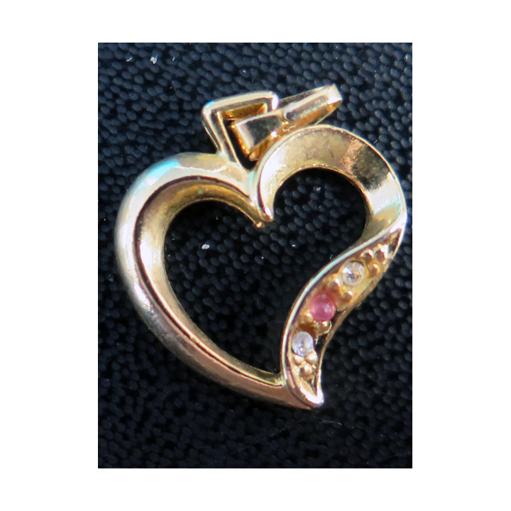 Médaillon en forme de coeur avec pierres blanches et rouge en métal doré (Plaqué or ?)