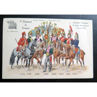 9° RD : carte postale des uniformes du 9° RD de 1721 à 1914 Lorraine Dragons