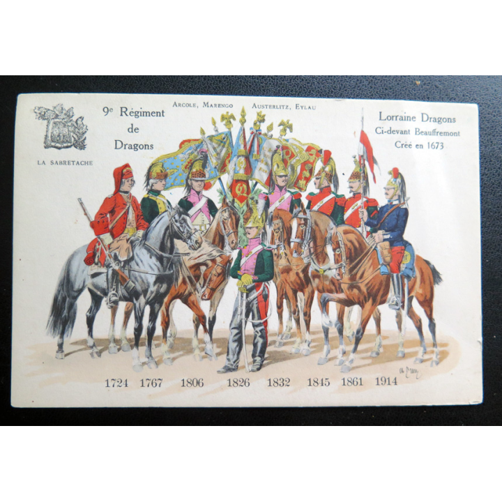 9° RD : carte postale des uniformes du 9° RD de 1721 à 1914 Lorraine Dragons