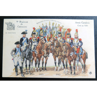 9° RC : carte postale des uniformes du 9° RC de 1786 à 1912 Cuirassiers Artois Cavalerie