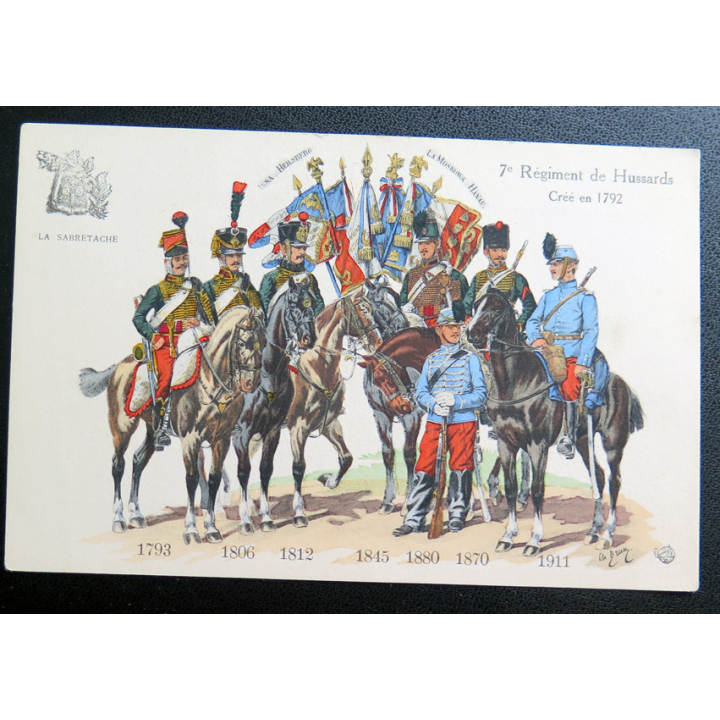 7° RH : carte postale des uniformes du 7° RH de 1793 à 1911 Hussards