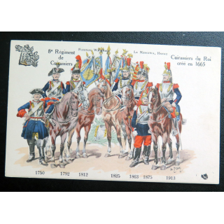 8° RC : carte postale des uniformes du 8° RC de 1750 à 1913 Cuirassiers du Roi