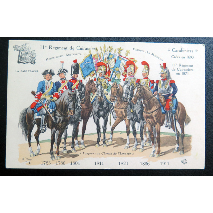11° RC : carte postale des uniformes du 11° RC de 1725 à 1911 Cuirassiers Carabiniers