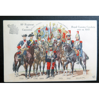 10° RC : carte postale des uniformes du 10° RC de 1758 à 1912 Cuirassiers Royal Cravates Cavalerie
