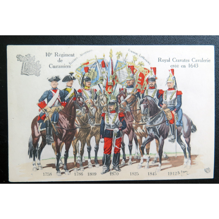 10° RC : carte postale des uniformes du 10° RC de 1758 à 1912 Cuirassiers Royal Cravates Cavalerie