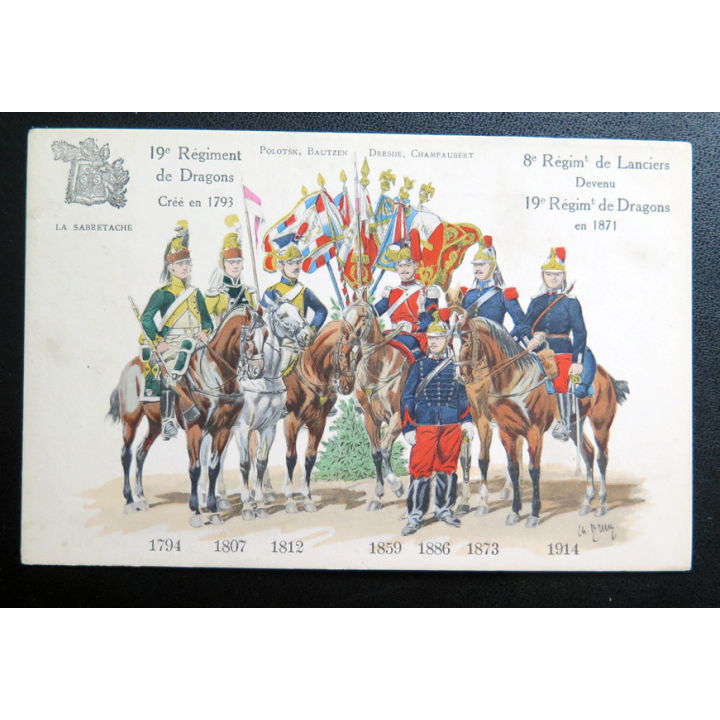19° RD : carte postale des uniformes du 19° Rgt de Dragons de 1794 à 1914 8° régiment de lanciers
