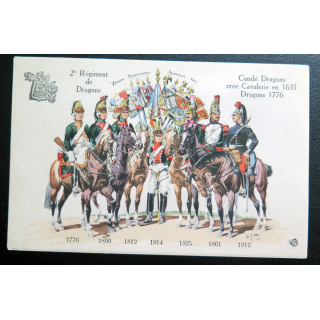 2° RD : carte postale des uniformes du 2° Rgt de Dragons de 1776 à 1912 Condé Dragons