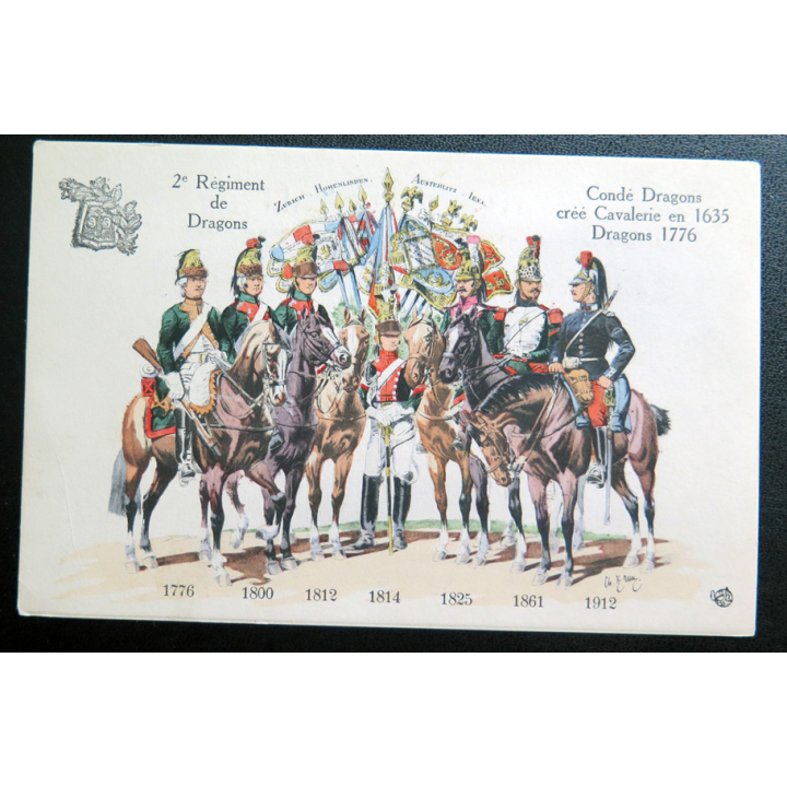 2° RD : carte postale des uniformes du 2° Rgt de Dragons de 1776 à 1912 Condé Dragons