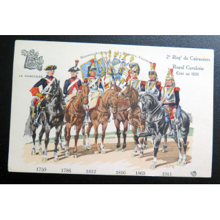2° RC : carte postale des uniformes du 2° Rgt de Cuirassiers de 1750 à 1911 Royal Cavalerie