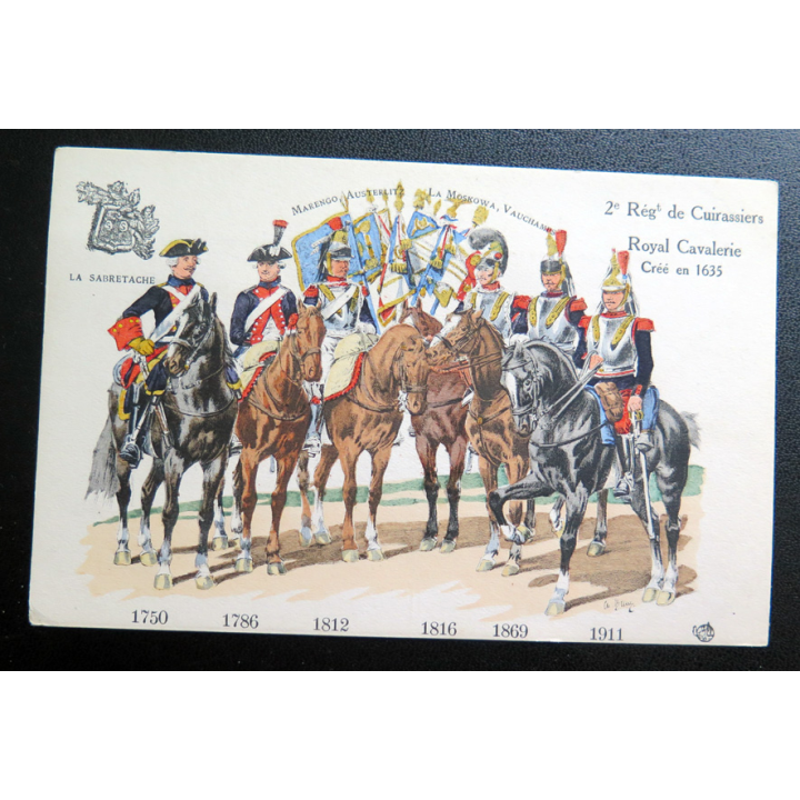 2° RC : carte postale des uniformes du 2° Rgt de Cuirassiers de 1750 à 1911 Royal Cavalerie