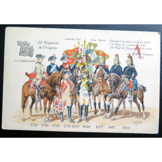 22° RD : carte postale des uniformes du 22° Rgt de Dragons de 1758 à 1914 Orléans Cavalerie