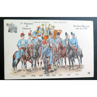 1° RH : carte postale des uniformes du 1° Rgt de Hussards de 1724 à 1913 Bercheny Hussards