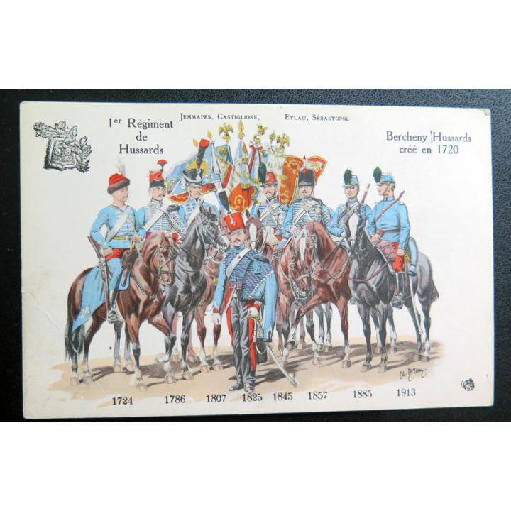 1° RH : carte postale des uniformes du 1° Rgt de Hussards de 1724 à 1913 Bercheny Hussards