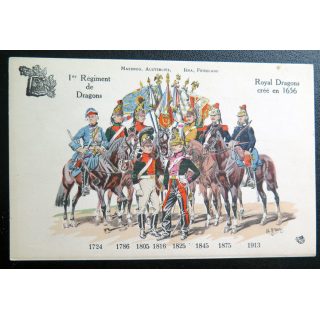 1° RD : carte postale des uniformes du 1° Rgt de Dragons de 1724 à 1913 Royal Dragons