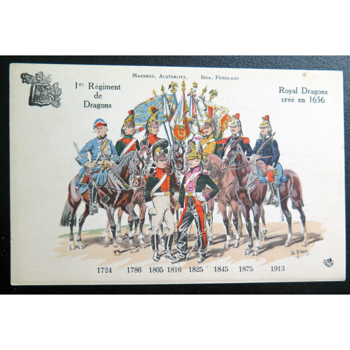 1° RD : carte postale des uniformes du 1° Rgt de Dragons de 1724 à 1913 Royal Dragons